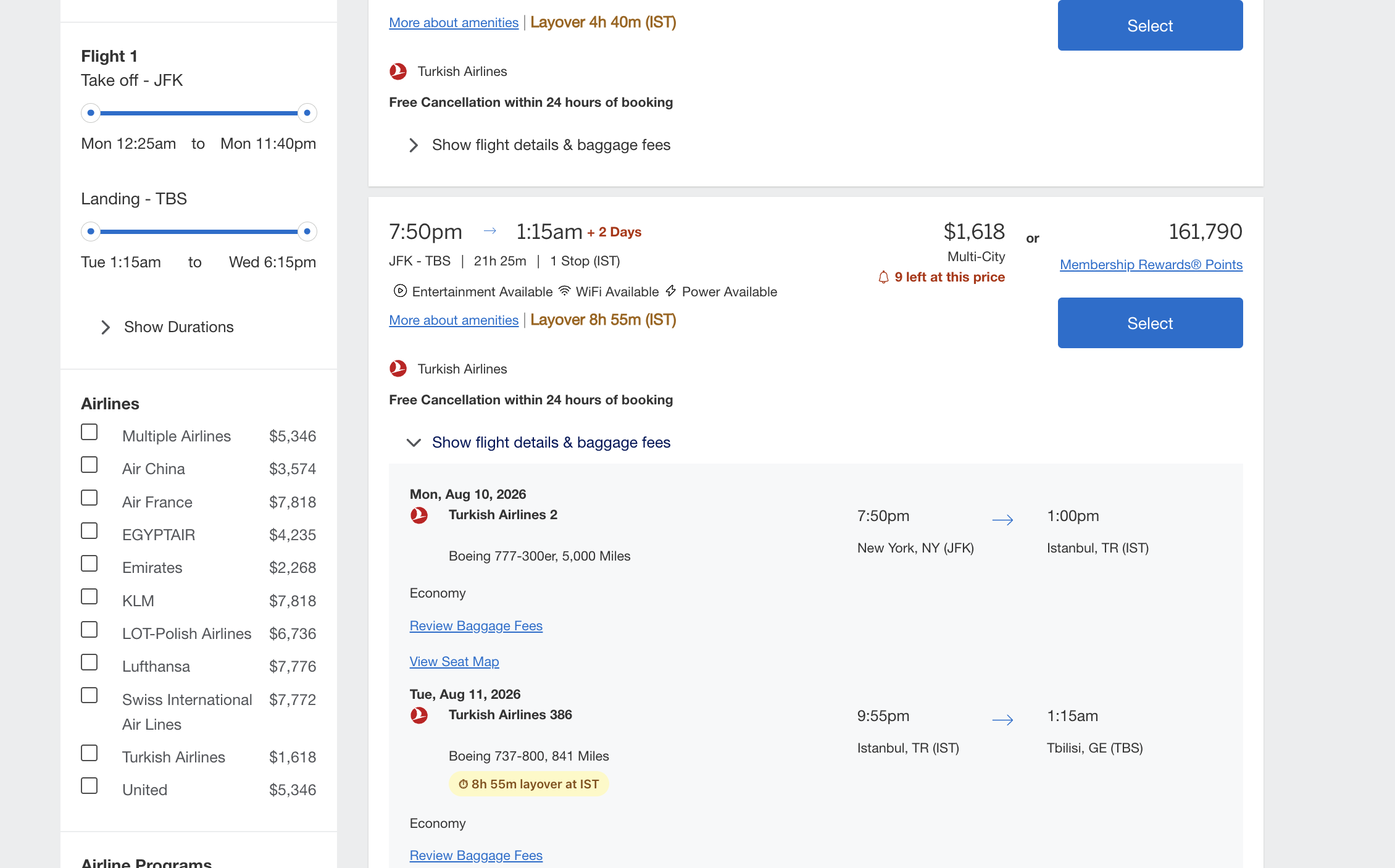 Amex Travel search results showing layover times injected by the extension